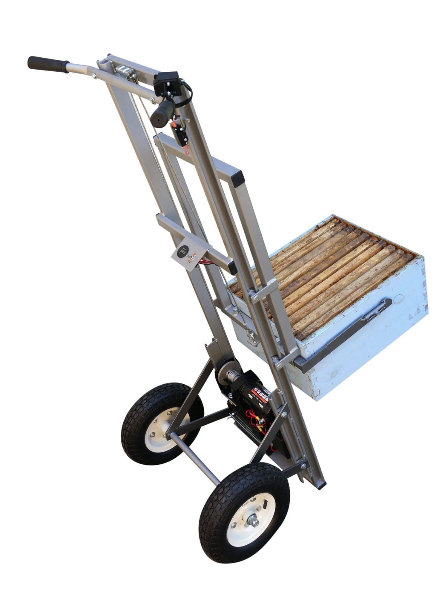 Electric beehive lifter raising a full honey super, made in USA