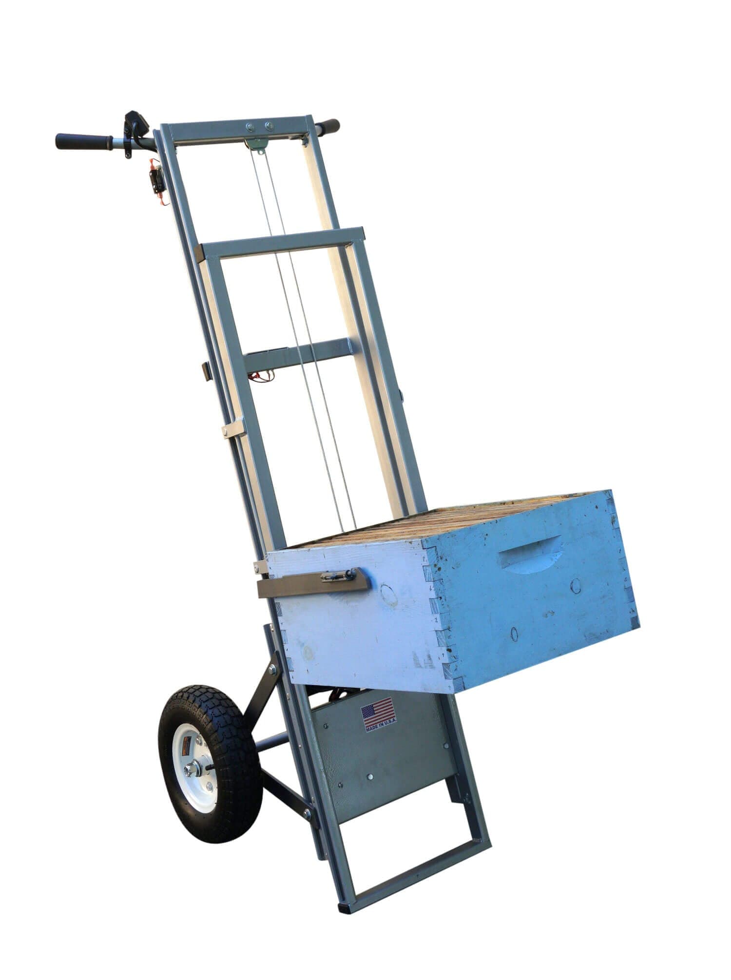 Bee hive super trolley lifting a deep box off the stack