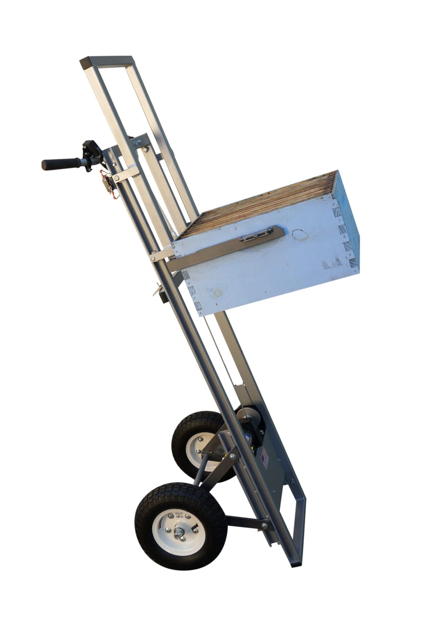 Electric beehive lifting equipment at a Langstroth hive