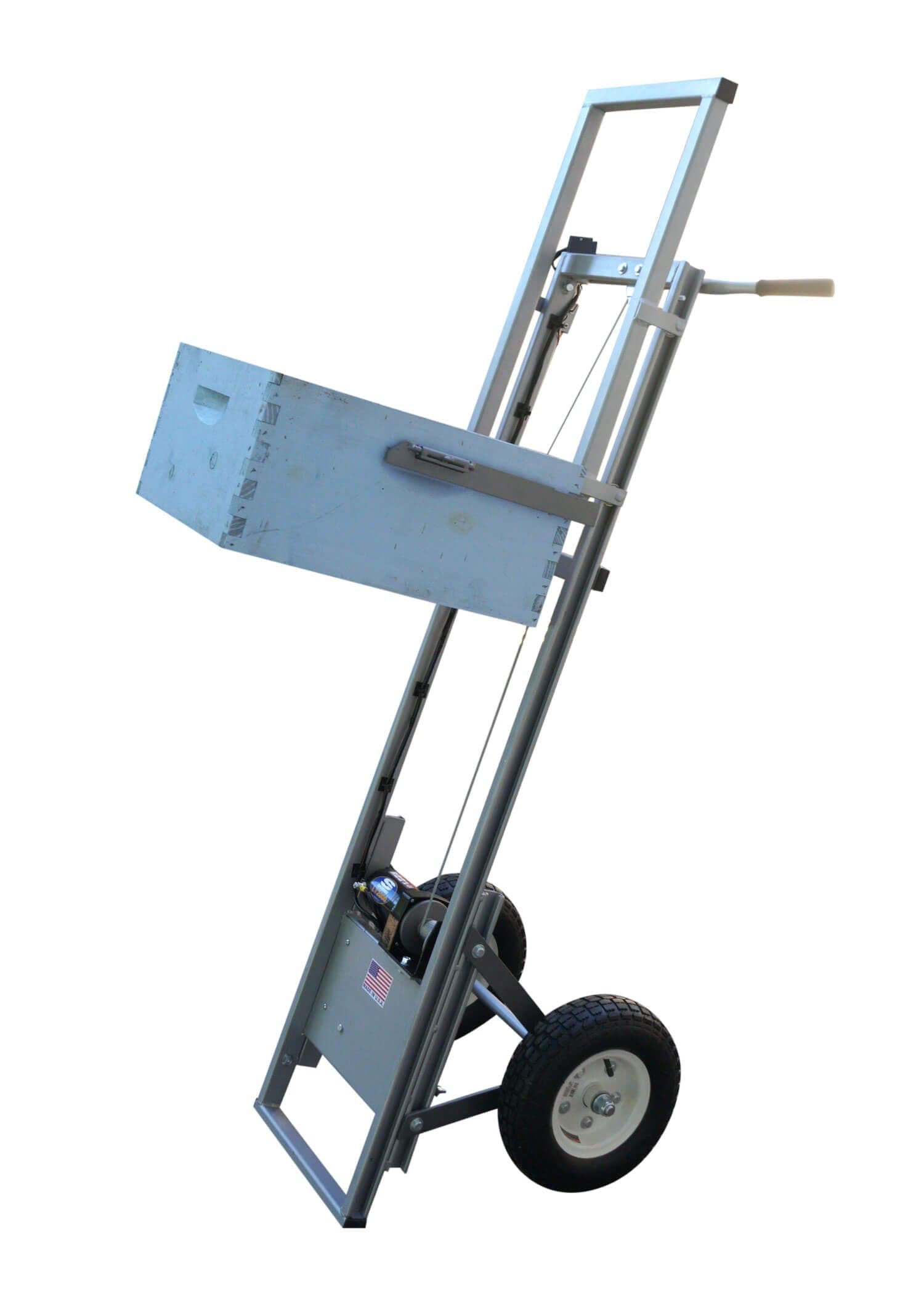 Motorized beehive lifting trolley with two wheels and steel frame