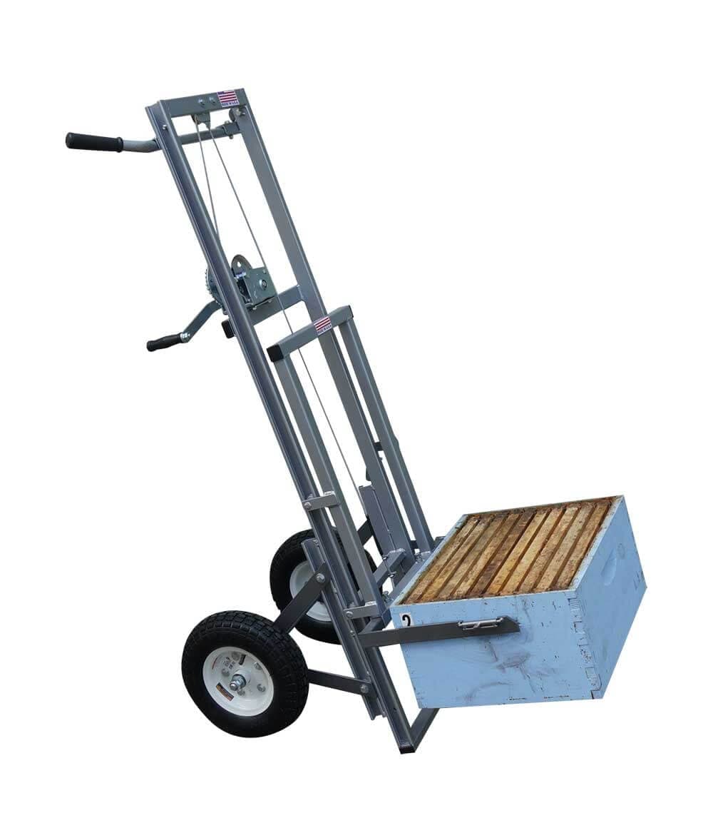 Manual beehive lifter beekeeping cart with two wheels, made in USA
