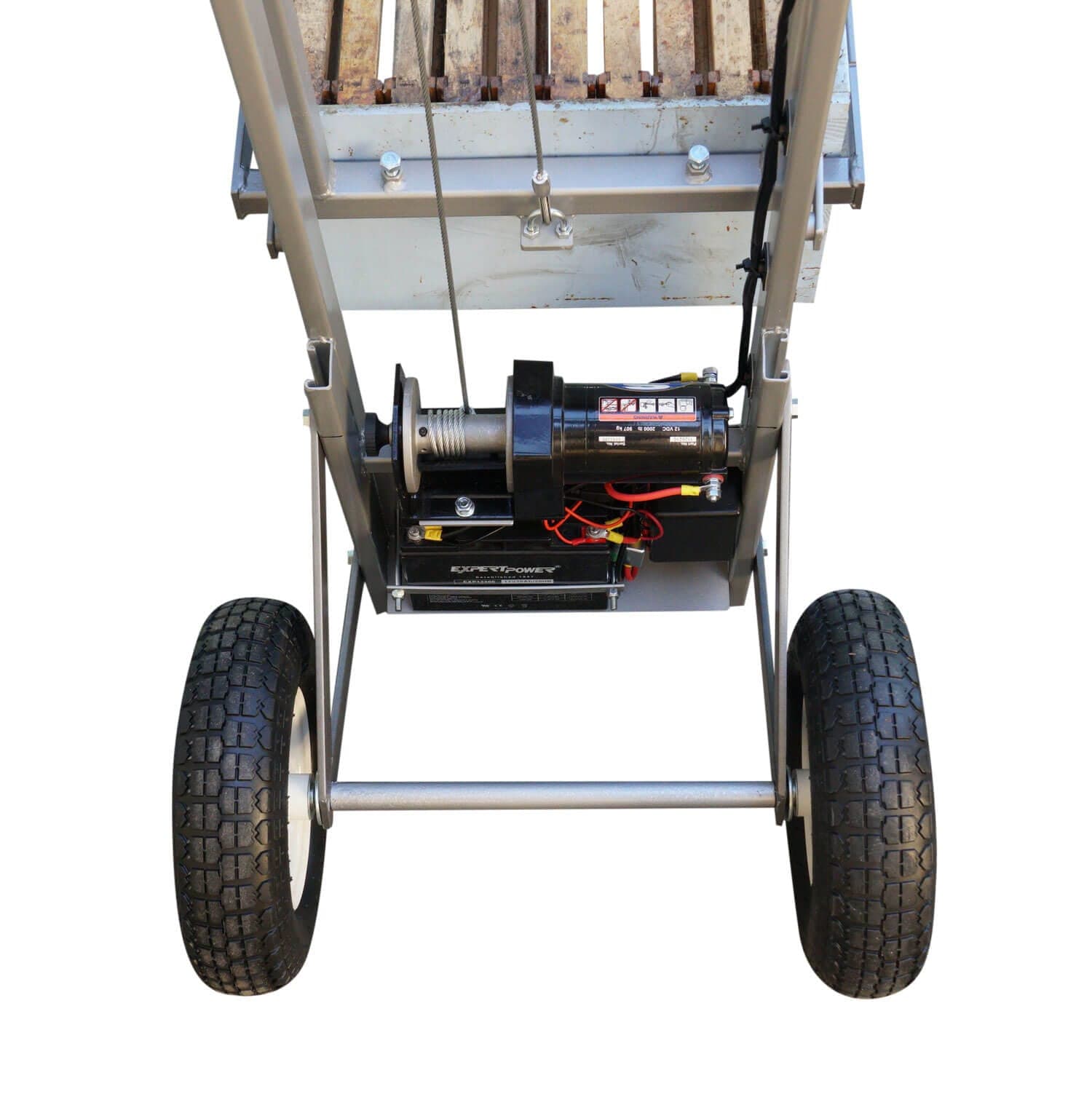 Beehive lifter Max drive detail — 12V winch, battery and pneumatic wheels